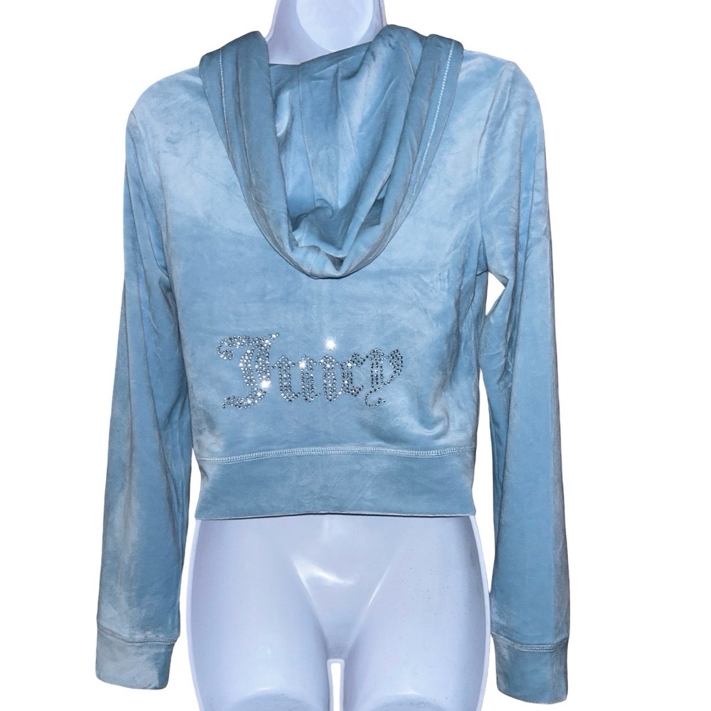 JUICY COUTURE OG FROSTED BLUE  RHINESTONE VELOUR ZIP UP CROPPED HOODIE NWT SMALL